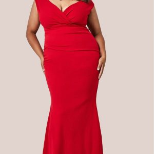 Plus Bardot Pleated Maxi Dress - Red