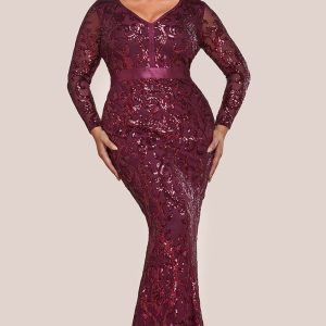Plus Embroidered Sequin & Mesh Maxi Dress - Burgundy