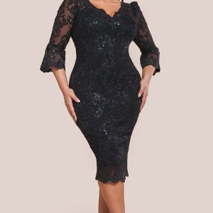 Plus Scallop Lace Midi Dress - Black