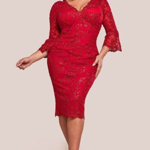 Goddiva Plus Scallop Lace Midi Dress- Red