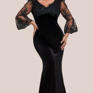 Plus Scalloped Lace & Velvet Maxi Dress - Black