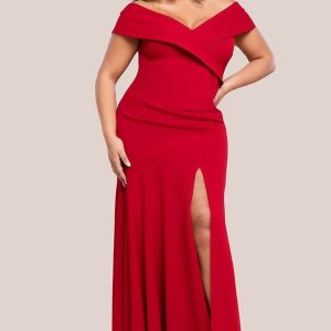 Scuba Crepe Off Shoulder Front Split Maxi Dress - Red