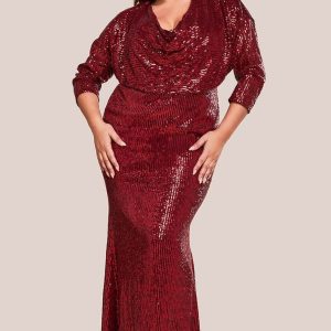 Plus Sequin Cowl Maxi Dress - Wine