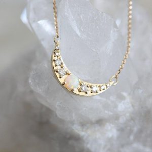Gold Crescent Moon Necklace with Opal and Side Diamonds