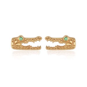 Gold Crocodile Stud Earrings with Green Eyes