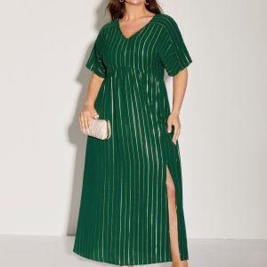Gold Shimmery Stripes Pockets Midi Dress