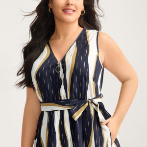 Gold Stamp Wavy Striped Lined Midi Dress