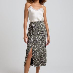 Grace Side Slit Khaki Cat Print Midi Skirt In Green