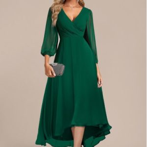 Green Surplice High Low Three Quarter Length Sleeve Dress