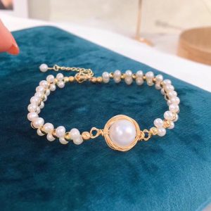 Hand Woven Natural Freshwater Pearl Bracelet INS Miniature Design 14k Gold Plated Double Layer Pearl Bracelet Extension Chain