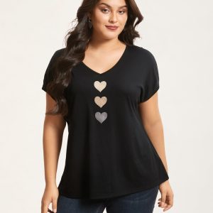 Heart Print Stretchy Dolman Sleeve T-Shirt