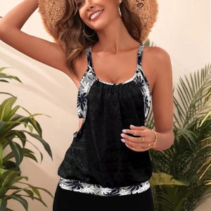 Hollow-out Mesh Floral Print Tankini Set