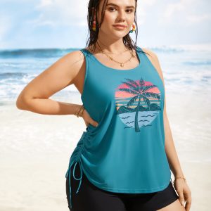 Island Print Drawstring Adjustable Swim Top
