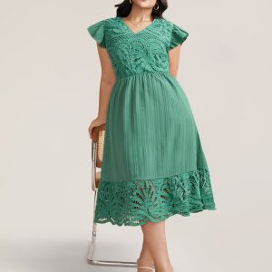 Lace Cut-Out Flutter Sleeve Midi Dress