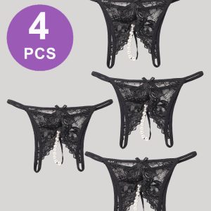 Lace Pearl G-String Low Rise T-Back Thongs Panty Set