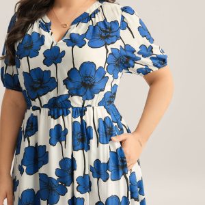 Large Floral Print Notched Collar Midi Dress