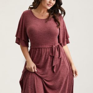 Layered Lotus Sleeve Belted Midi Knit Dress