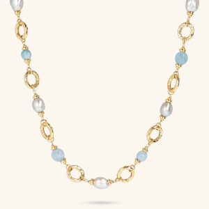 Long Necklace with Light Blue Quartzite Hammered Rings and Grey Freshwater Pearls