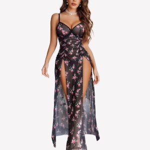 Mesh Floral Slit Pleated Dress with Underwire