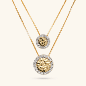 Multi-strand Rolo Chain Necklace with Hammered and Pavé Disc Pendants in Cubic Zirconia