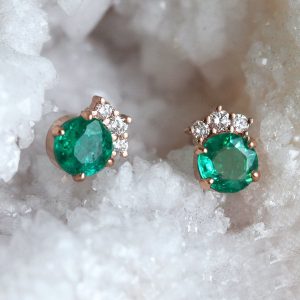 Natural Emerald And Diamond Stud Earrings