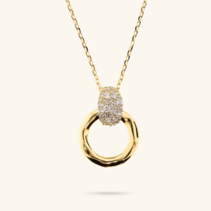 Necklace with Hammered Ring Pendant and Cubic Zirconia Pavé