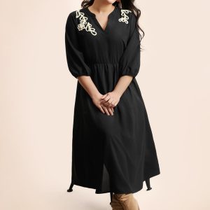 Notched Stereo Flower Design Midi Dress