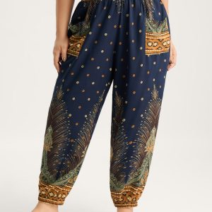 Peacock Print Shirred Jogger Pants