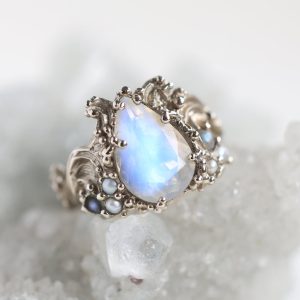 Pear Moonstone Ring, Floral Vintage Style Moonstone Engagement Ring Wi