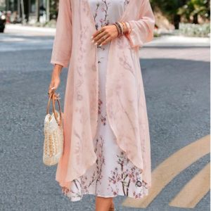 Pink Two Piece Floral Print Maxi Dress and Cardigan