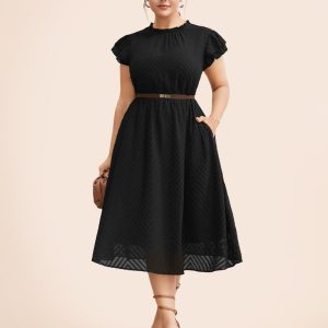 Plain Geometric Layered Sleeve Pocket Ruffle Mock Neck Dress