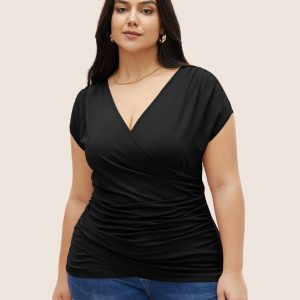 Plain Ruched Overlap Collar Dolman Sleeve Knit Top