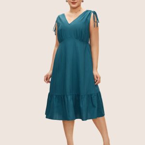 Plain Textured Drawstring Ruffle Hem Dress