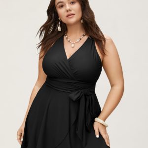Plain Ties Wrap Flutters Swim Dress
