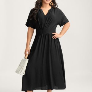 Pleated Cinched Waist Solid Midi Dress