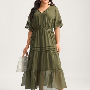 Pleated Neck-Tie Tiered Solid Midi Dress