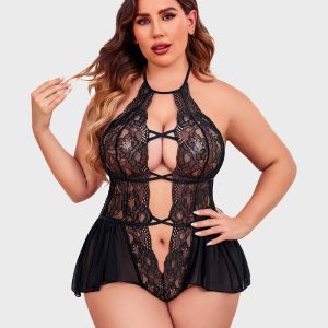 Plus Size Deep V Lace Bodysuit Teddy