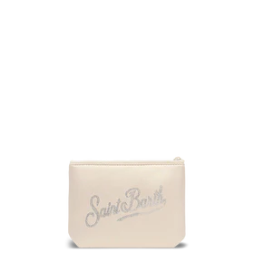 Pochette beige laminato aline con logo in strass