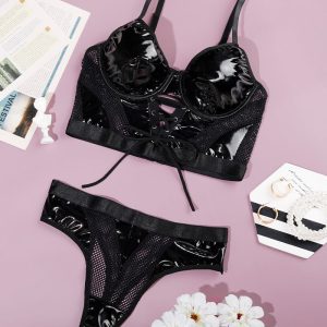 PU Mesh Splicing Bra Set