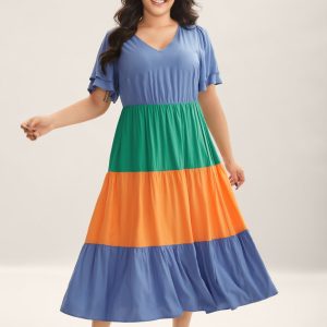 Rayon Color Block Layered Sleeve Maxi Dress