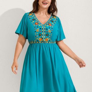 Rayon Floral Embroidered Pockets Midi Dress