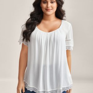 Rayon Flowy Lace Trim Solid Blouse
