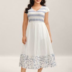 Rayon Shirred Color Contrast Floral Midi Dress