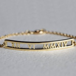 Roman Numerals Date Gold Bar Bracelet