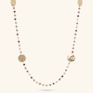 Rosary Necklace with Multicolor Tourmaline Natural Stone and Hammered Discs
