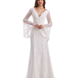Sexy Mermaid Long Sleeves V-neck Maxi Long Lace Wedding Dresses Online