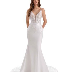 Sexy Mermaid Spaghetti Straps V-neck Maxi Long Lace Wedding Dresses