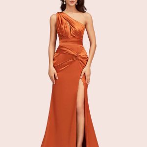 Sexy Side Slit Mermaid One Shoulder Long Soft Satin Bridesmaid Dresses Online
