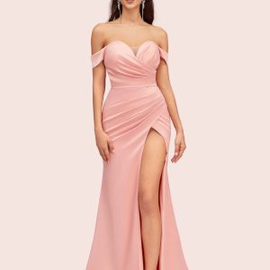 Sexy Side Slit Off Shoulder Long Soft Satin Mermaid Bridesmaid Dresses