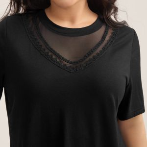 Sheer Neck Solid Panel T-Shirt
